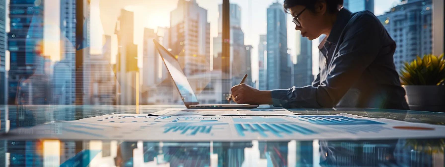 a focused view of a professional consultant in a modern office, analyzing detailed charts and cost projections for foundation repair, with a backdrop of city skyscrapers visible through the large window.