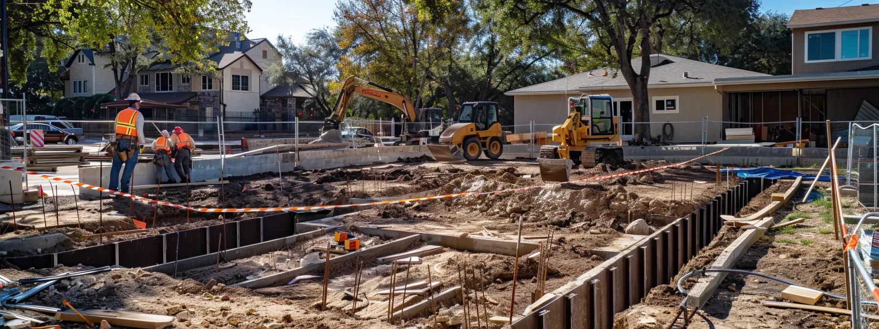 a modern construction site in san antonio showcases a foundation repair team actively inspecting and preparing a residential property's foundation, with visible equipment and materials illustrating the various repair methods being discussed.