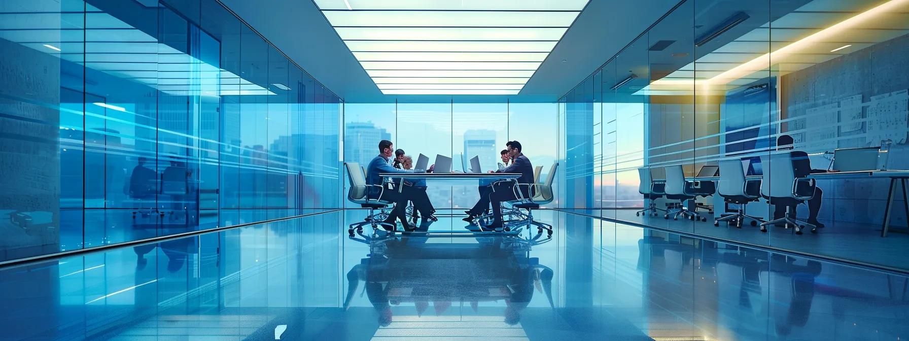 a modern office conference room features a sleek glass table surrounded by professionals analyzing blueprints and financial reports, emphasizing the critical balance between foundation repair costs and property values under bright, focused lighting.