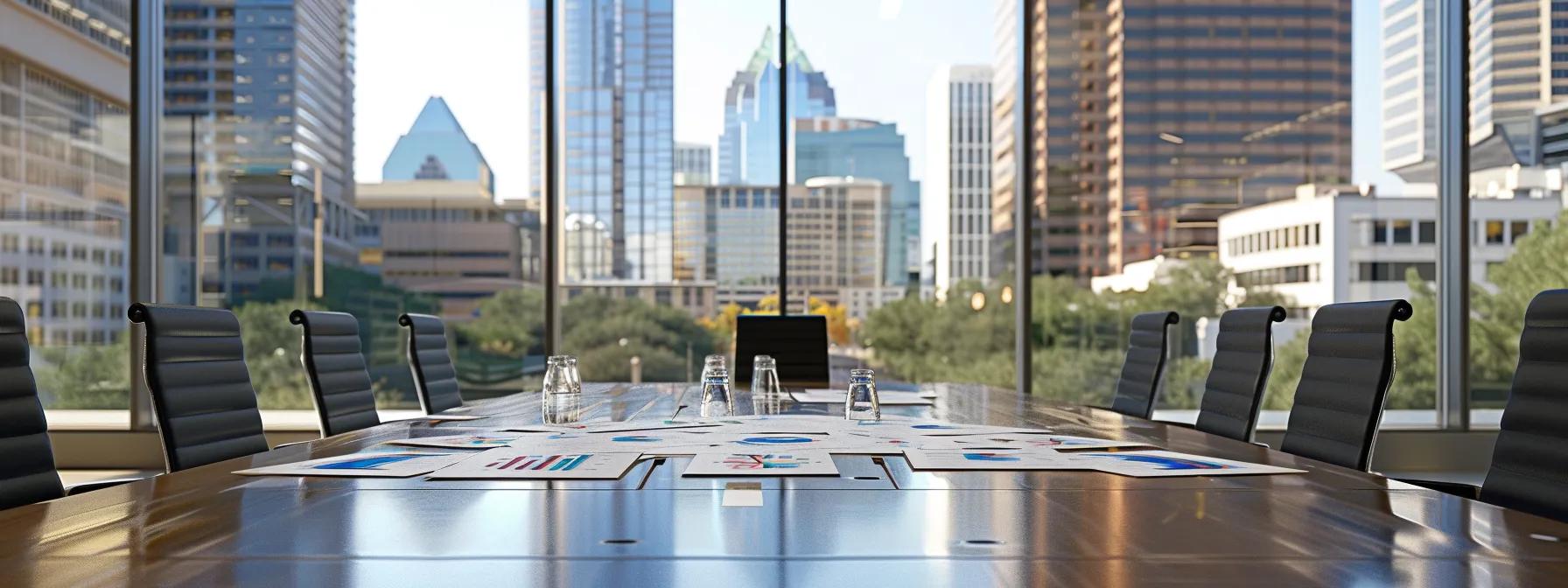 a modern office conference room features a large table covered with detailed charts and graphs, showcasing a visually engaging breakdown of foundation repair costs, with a backdrop of cityscape windows highlighting san antonio's skyline.