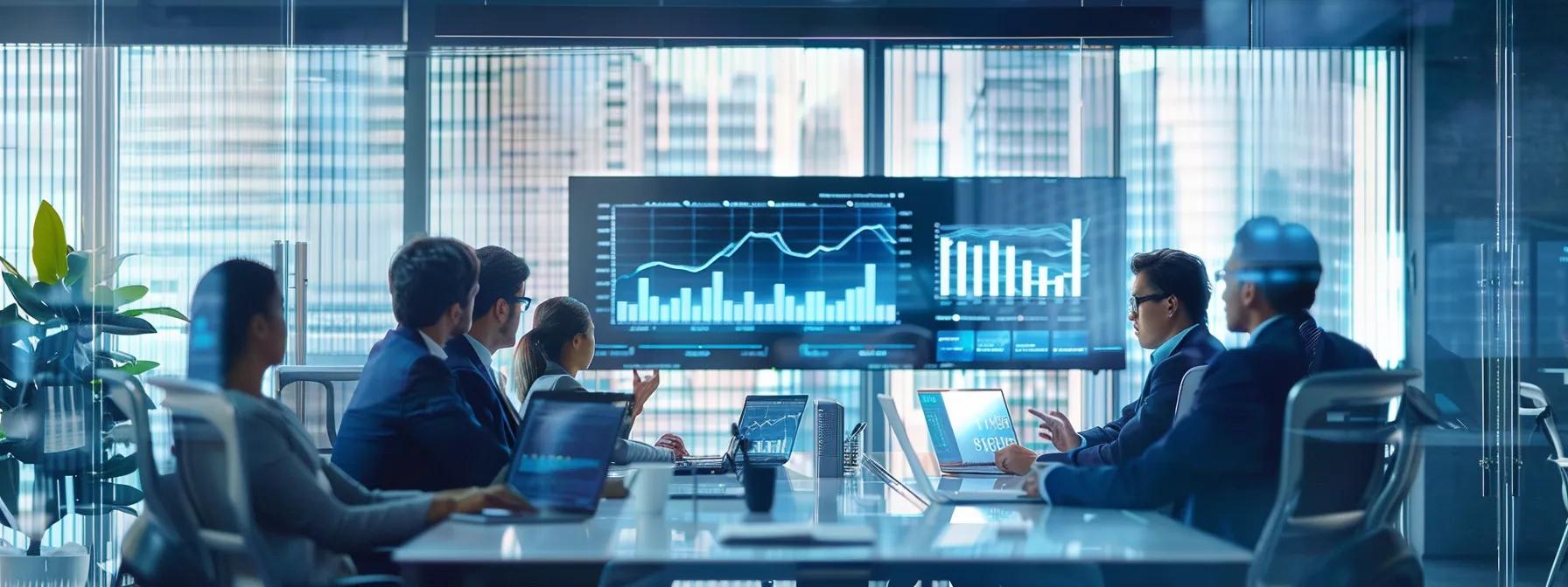 a modern office conference room is filled with professionals engaged in a focused discussion, surrounded by detailed charts and graphs about foundation repair costs projected on a sleek digital display.