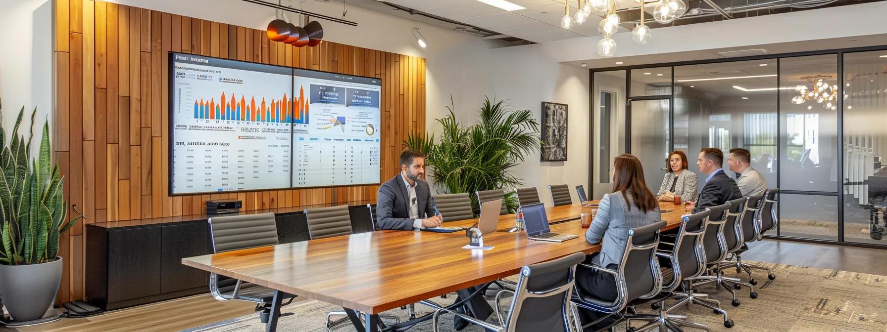 a modern office conference room features a sleek wooden table surrounded by attentive homeowners engaged in a captivating presentation about foundation repair pricing, with a large screen displaying insightful charts and graphs reflecting home size and age influences.