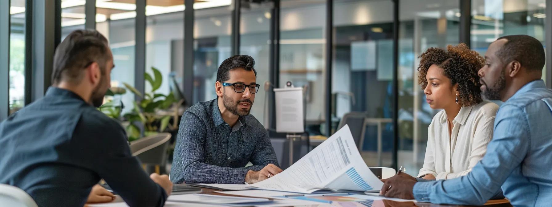 a modern office interior in san antonio features a focused group of professionals engaged in a discussion around a table, with documents on financing solutions for foundation repairs prominently displayed, highlighting a collaborative atmosphere filled with determination and expertise.