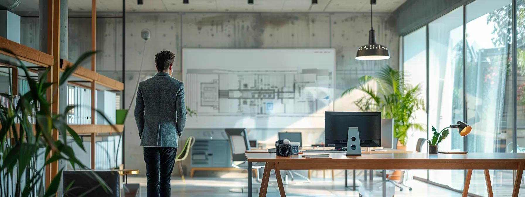 a modern office interior showcases a confident real estate agent presenting a sleek blueprint of a recently repaired property foundation, emphasizing the enhanced value and stability of the home in a competitive market.
