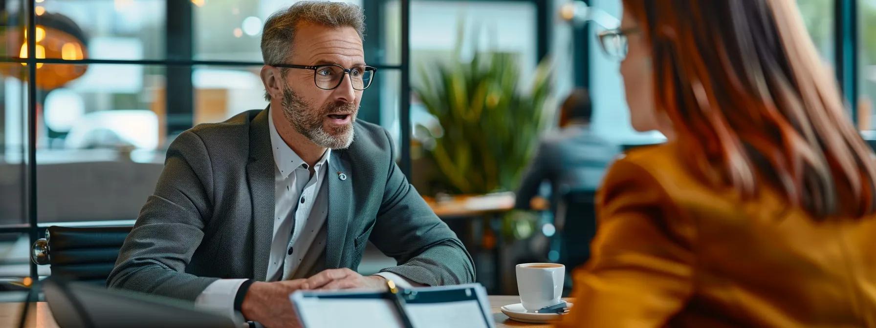 a modern office setting features a focused insurance agent discussing homeowner policy options with a client, showcasing documents and digital images of foundation repairs on a sleek desk, emphasizing the importance of structural stability in insurance negotiations.