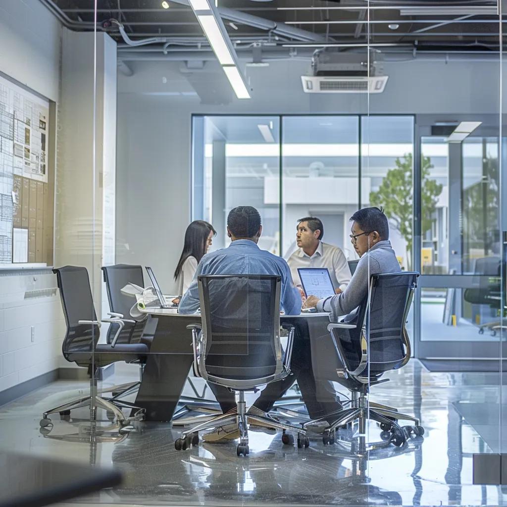 a modern office space featuring a professional team engaged in a focused discussion around a digital blueprint, highlighting advanced foundation maintenance strategies for challenging construction environments.