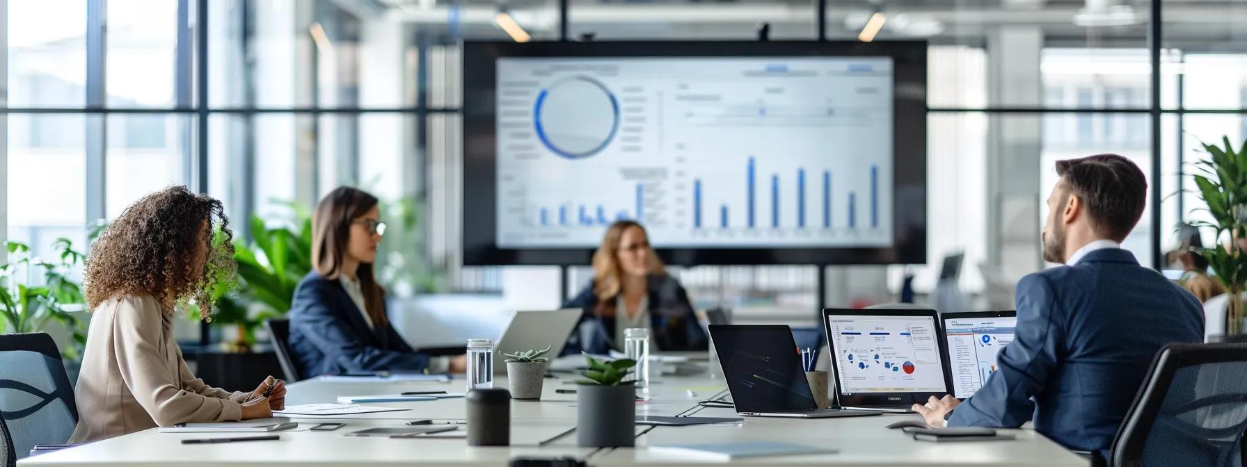 a modern office workspace showcases a confident professional discussing alternative financing options for foundation repairs, with visual aids presenting innovative community resources and phased repair strategies prominently displayed on a sleek digital screen.