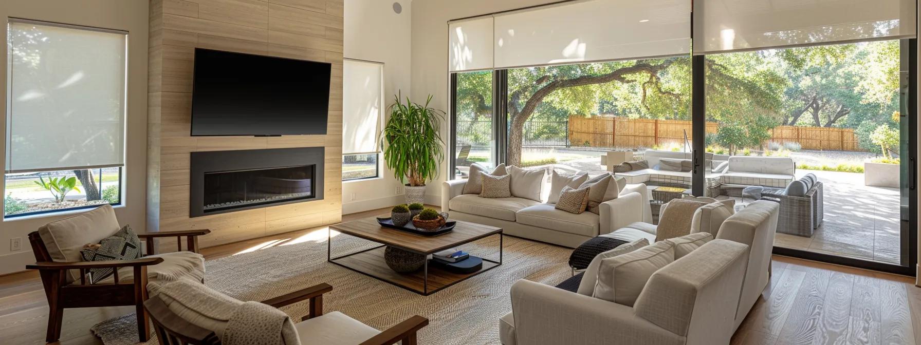 a modern san antonio living room showcases freshly repaired foundation elements, emphasizing crisp lines and a polished aesthetic that highlights increased property value.