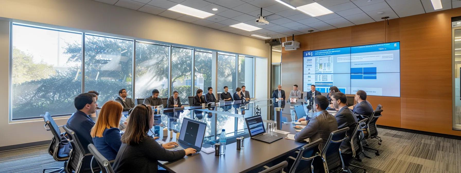 a modern san antonio office conference room showcases a detailed foundation repair cost breakdown on a sleek presentation screen, surrounded by professionals engaged in a focused discussion.