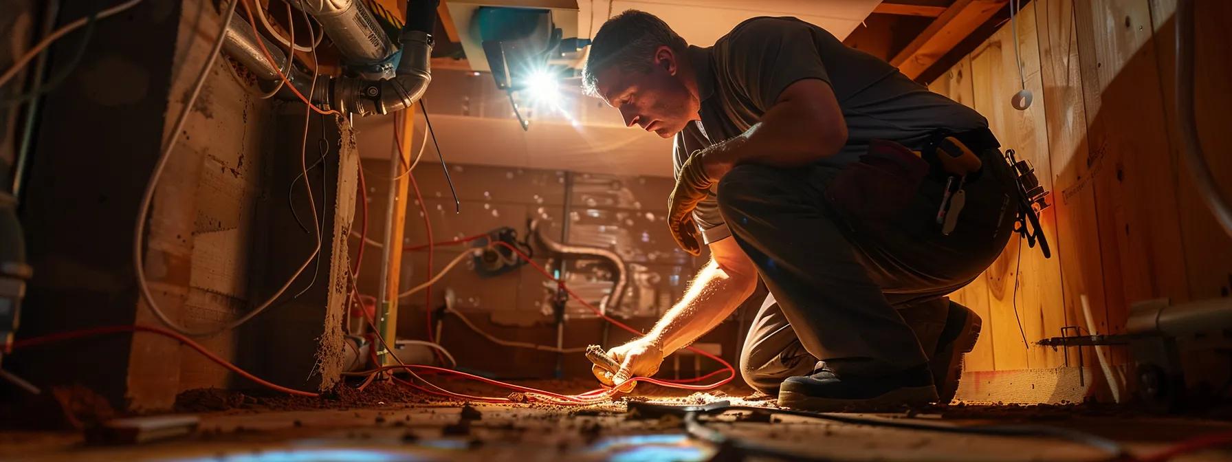 a professional contractor inspects a residential foundation in san antonio, surrounded by modern tools and equipment, under bright artificial lighting that emphasizes the intricacies of the repair process.