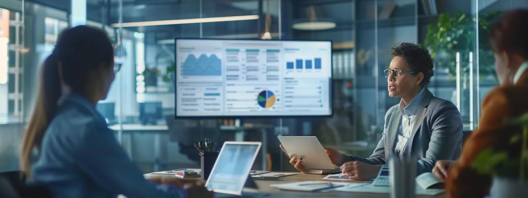 a professional office environment showcases a confident individual discussing foundation repair financing options with a loan officer, surrounded by organized documents and a clear display of various financing plans on a digital screen.