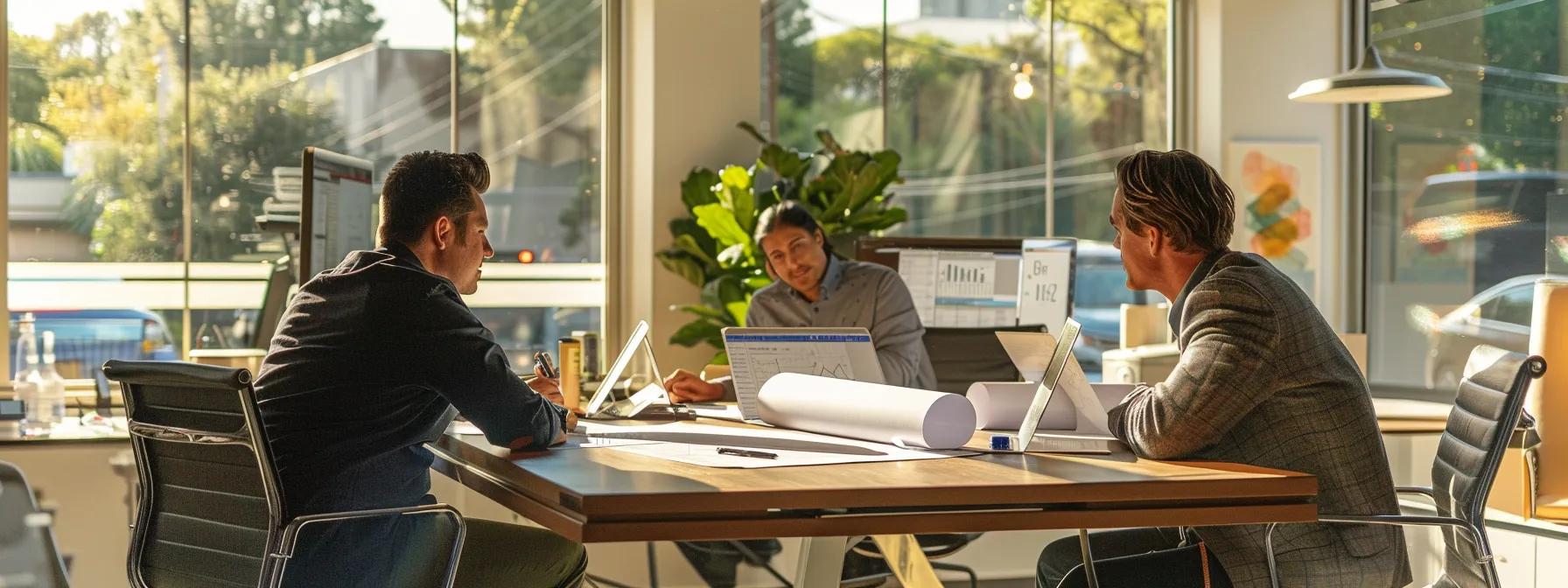 a professional office setting in san antonio, showcasing a confident local expert discussing foundation repair solutions with clients, with blueprints and structural diagrams prominently displayed on a sleek conference table.