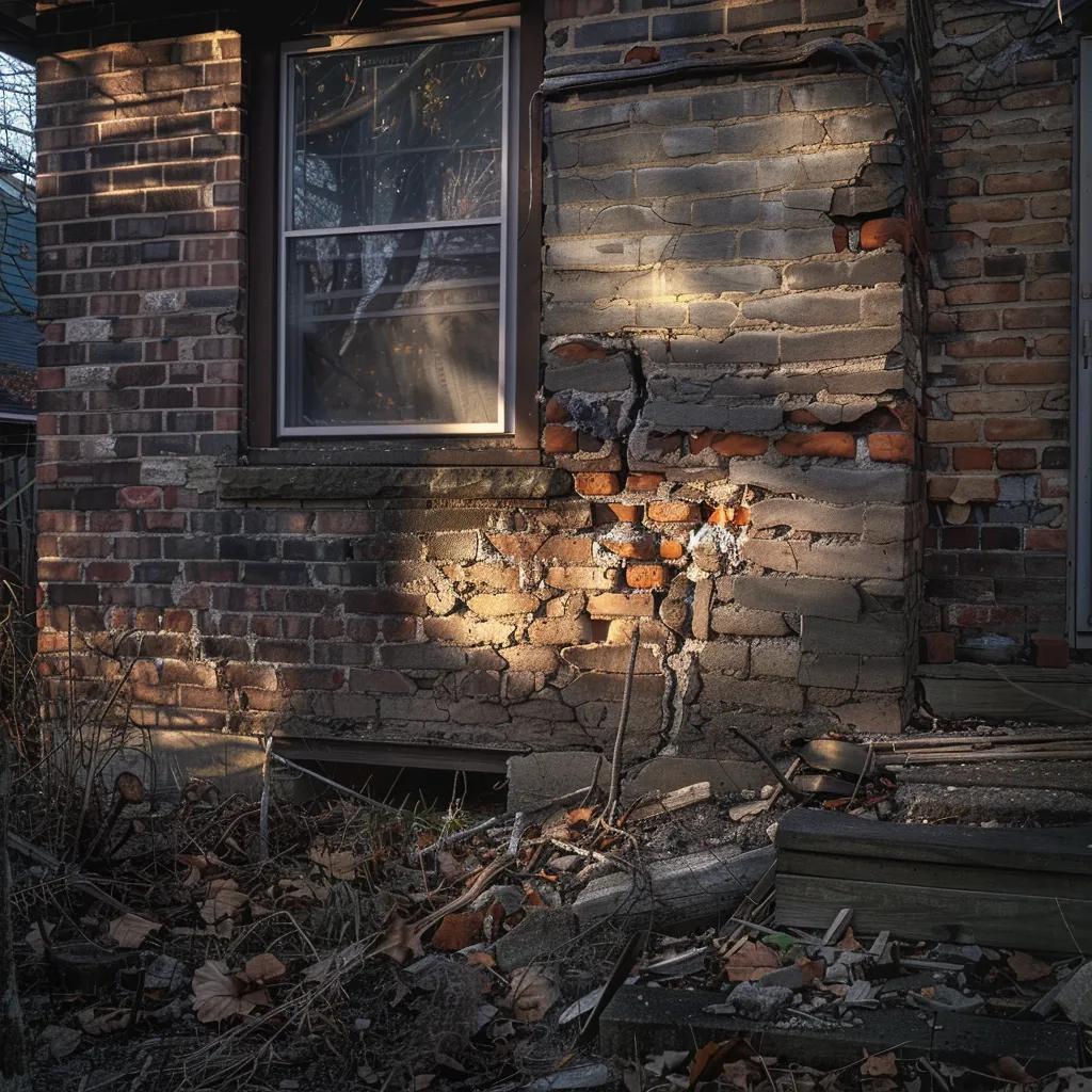 a sharply lit urban home showcases visible cracks in the foundation walls and shifting bricks, reflecting the urgent need for repairs after a heavy storm.