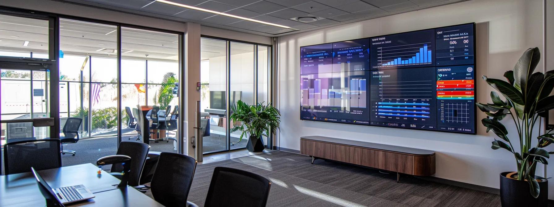 a sleek and modern office space displays a large digital screen highlighting foundation repair costs, with detailed charts and graphs that visually convey pricing information for san antonio homes.