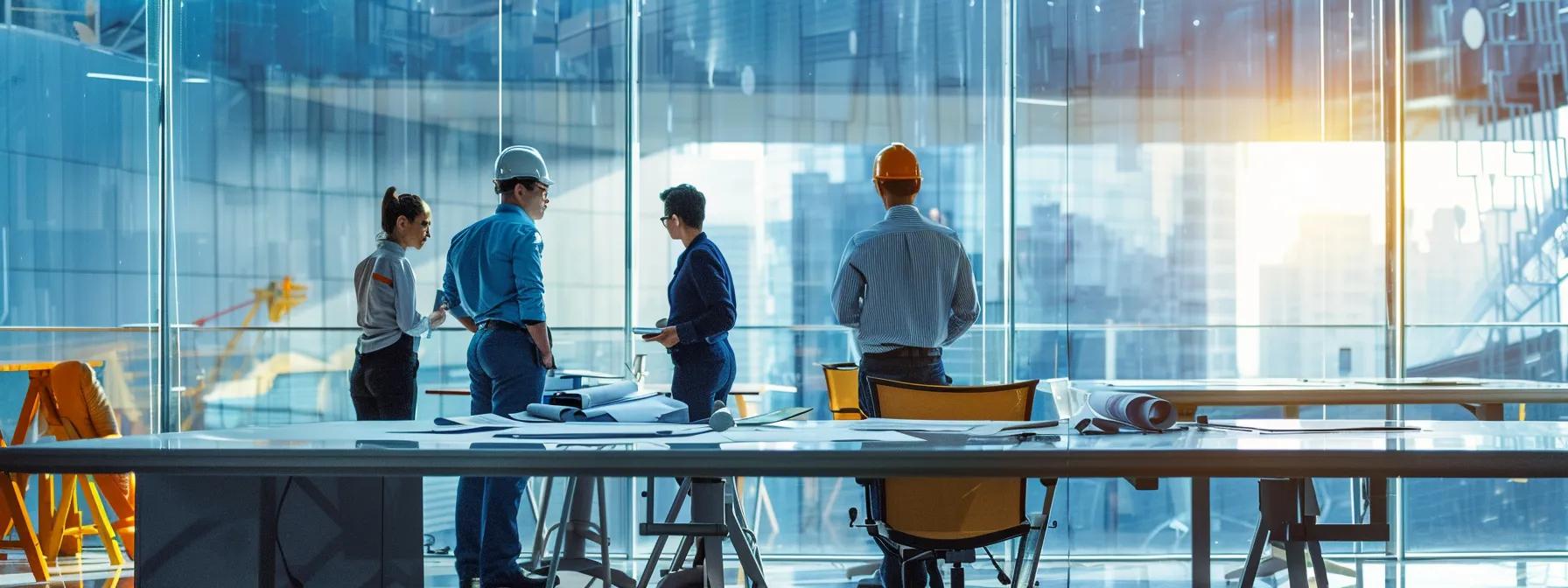 a sleek, modern office showcasing a team of professionals engaged in a dynamic discussion about innovative foundation repair solutions, surrounded by blueprints and structural diagrams that highlight property value enhancement.