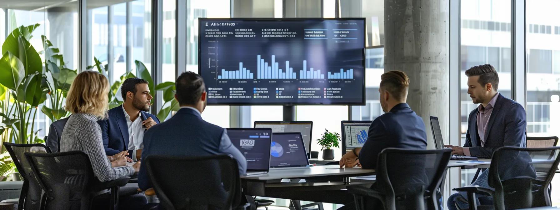 a sleek, modern office environment showcases a large digital display charting average foundation repair expenses for san antonio properties, surrounded by well-dressed professionals engaged in focused discussion.