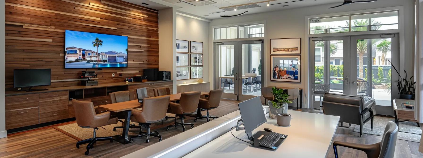 a sleek san antonio real estate office is bustling with agents analyzing foundation repair reports on digital tablets, juxtaposed with images of renovated homes showcasing increased market values displayed on a large screen.