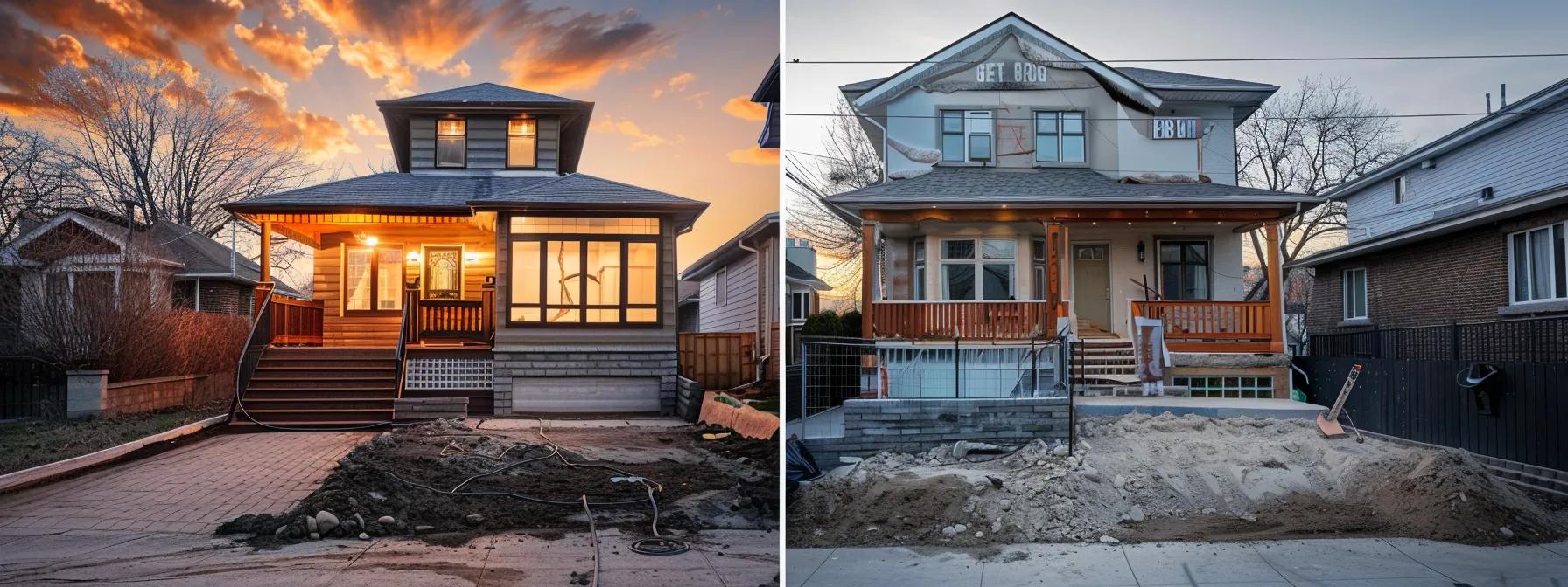 a stark contrast between a beautifully renovated home showcasing its elevated market value and a visibly cracked foundation highlighted by an urban backdrop, emphasizing the critical importance of foundation repair for potential buyers.