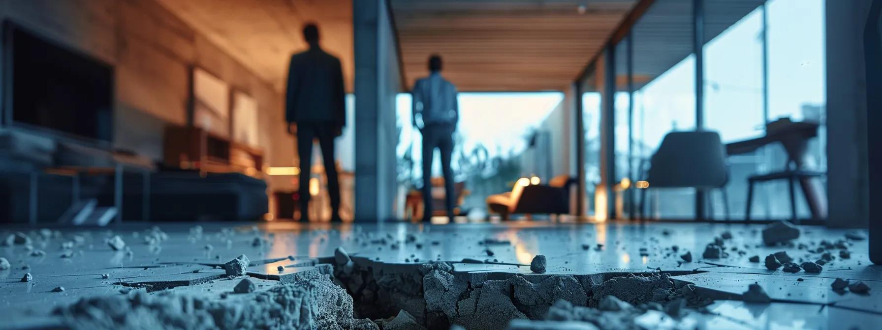 a stark, detailed view of a cracked foundation in a modern home, with concerned realtors examining the damage inside a dimly lit, upscale office, emphasizing the significant impact of structural issues on property valuation.