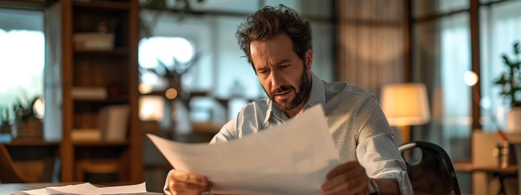 a stark, well-lit office setting features a concerned homeowner reviewing a stark appraisal report with a distressed expression, emphasizing the financial repercussions of foundation problems on real estate value.