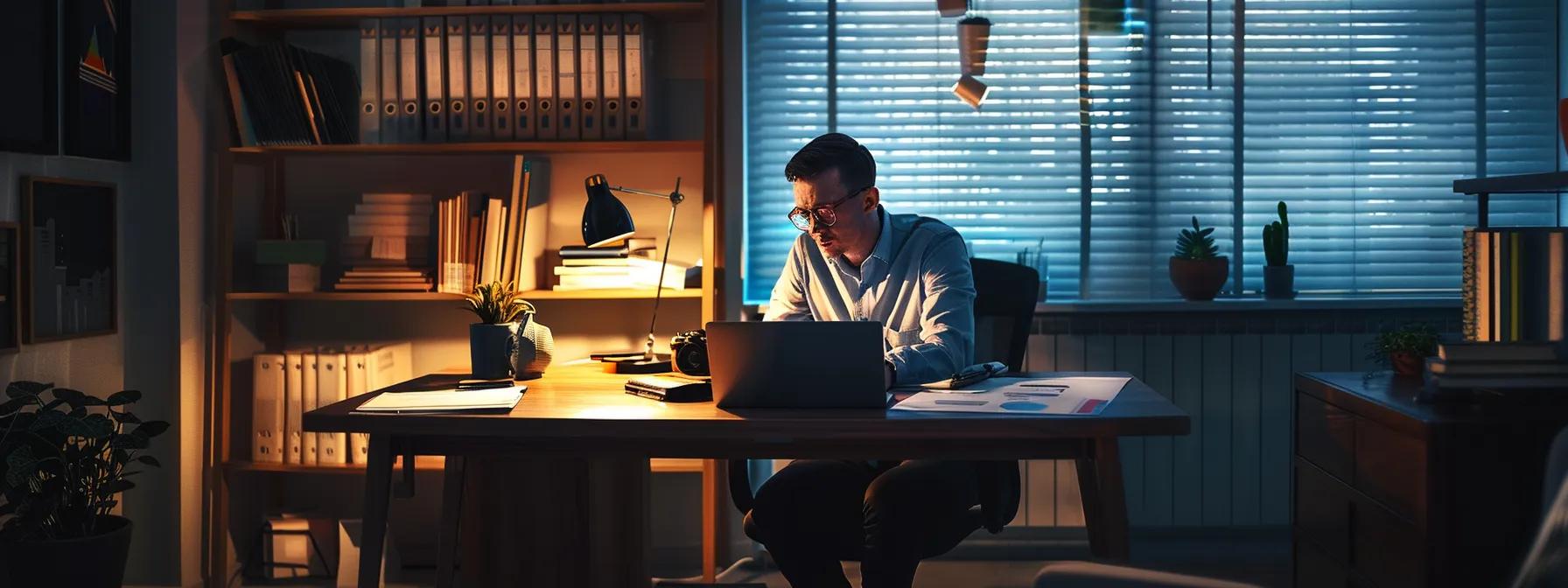 a visually striking interior of a modern home office, with a concerned homeowner inspecting a detailed housing market report on a sleek desk, illuminated by soft, focused lighting that emphasizes the tension of potential financial risk.